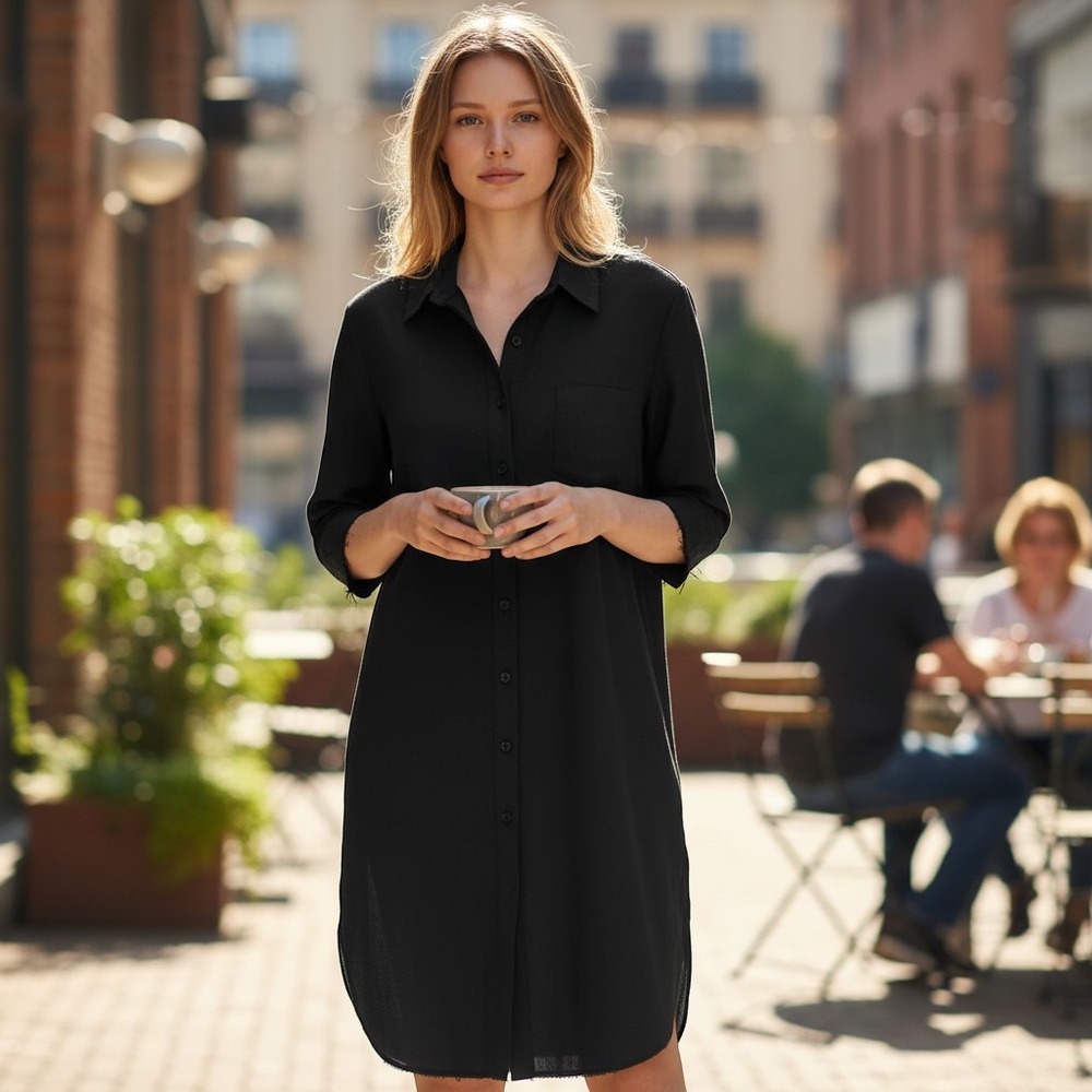 Lauren Ralph Lauren Black Button Front Midi Shirt Dress Raw Edge Sleeve Pocket